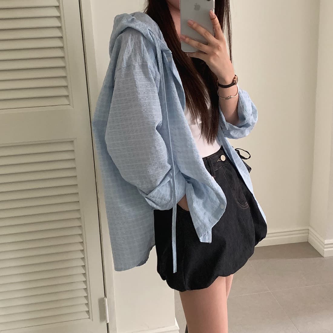 한국 chic 이른 가을 새로운 얇은 스타일 자외선 차단 학원 레트로 체크무늬 느슨함 센스 후드 셔츠 상세 이미지 18