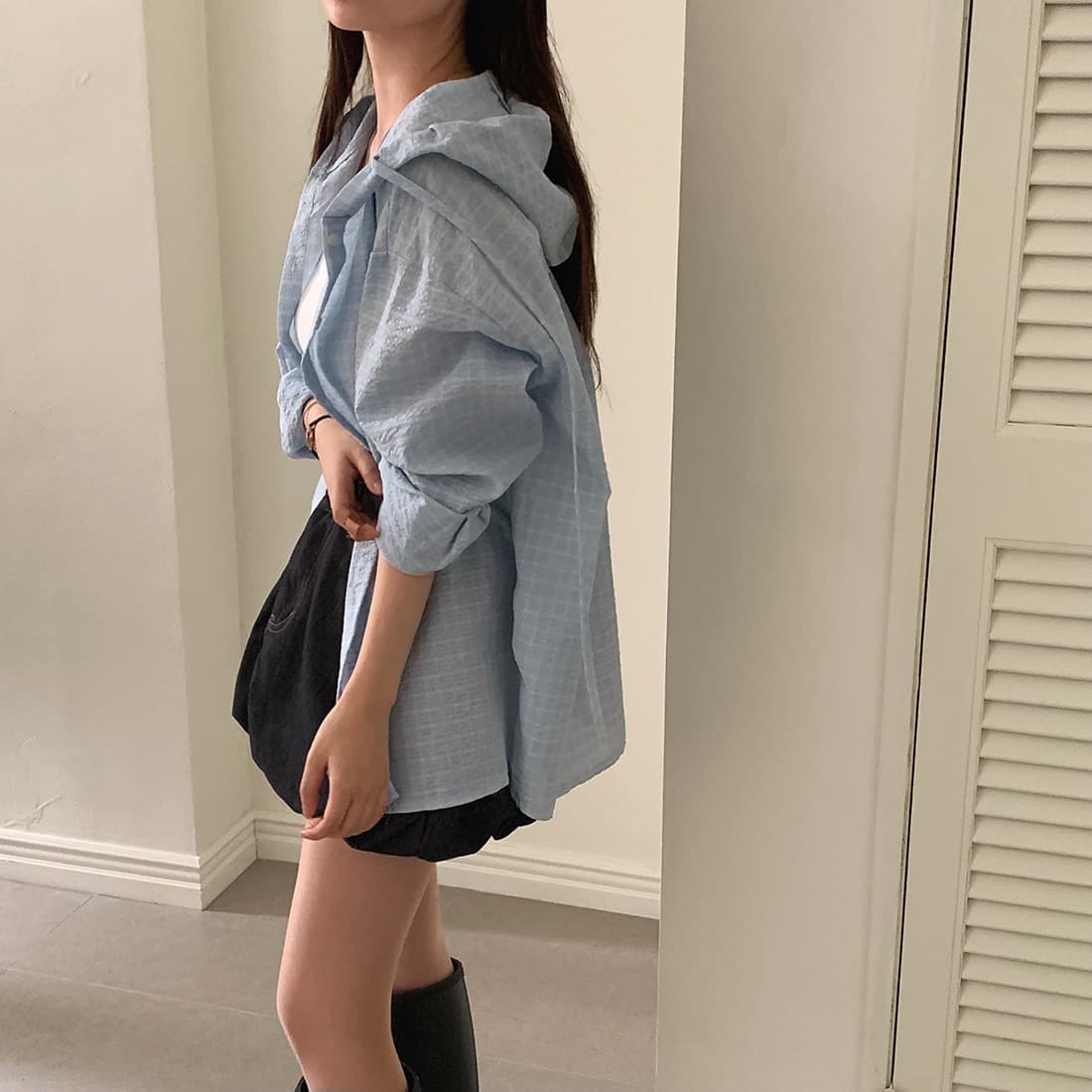 한국 chic 이른 가을 새로운 얇은 스타일 자외선 차단 학원 레트로 체크무늬 느슨함 센스 후드 셔츠 상세 이미지 19
