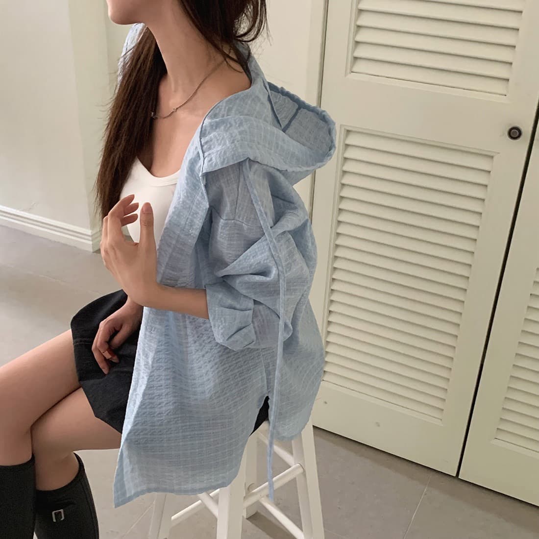 한국 chic 이른 가을 새로운 얇은 스타일 자외선 차단 학원 레트로 체크무늬 느슨함 센스 후드 셔츠 상세 이미지 21