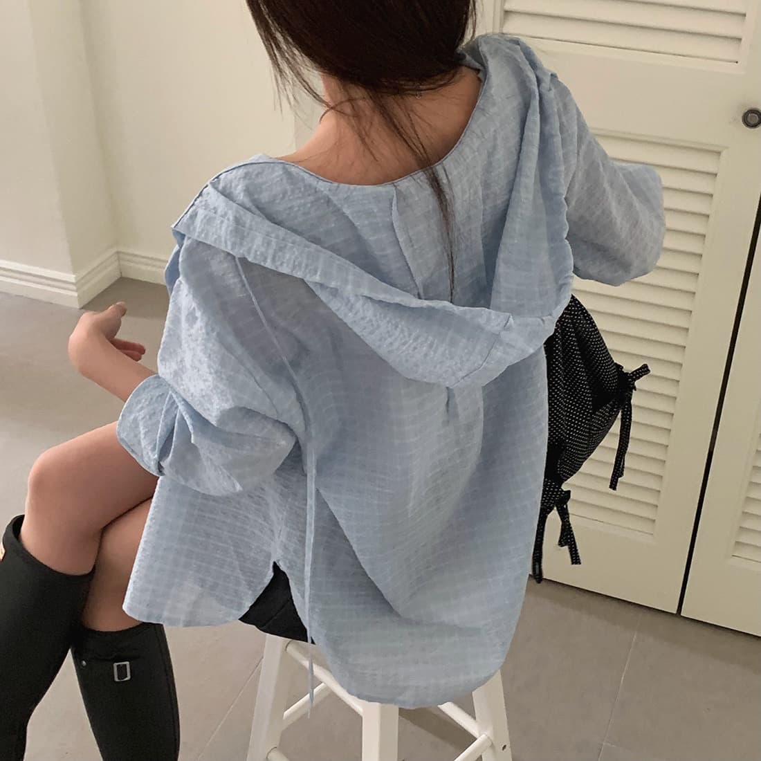 한국 chic 이른 가을 새로운 얇은 스타일 자외선 차단 학원 레트로 체크무늬 느슨함 센스 후드 셔츠 상세 이미지 23