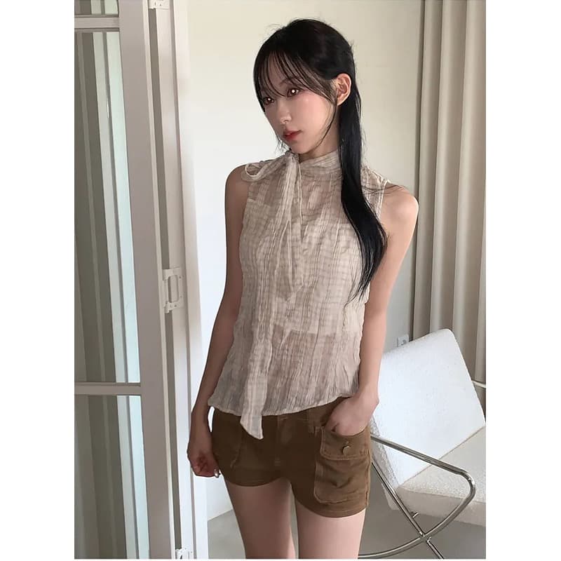 재고 있음 chic 한국 스타일 체크무늬 나비 매듭 스트랩 민소매 셔츠 이미지 3