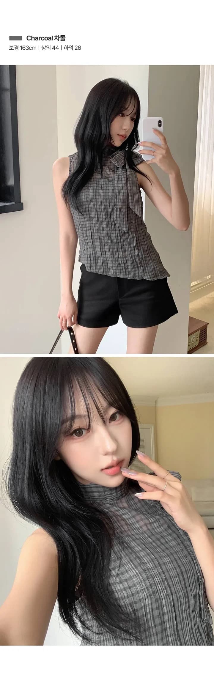 재고 있음 chic 한국 스타일 체크무늬 나비 매듭 스트랩 민소매 셔츠 상세 이미지 4