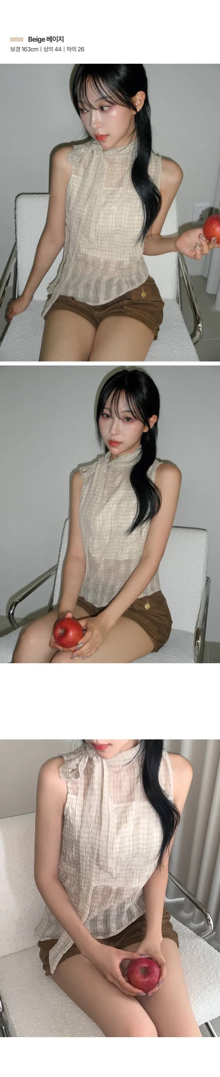 재고 있음 chic 한국 스타일 체크무늬 나비 매듭 스트랩 민소매 셔츠 상세 이미지 9