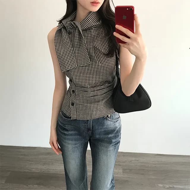 재고 있음 chic 한국 스타일 체크무늬 레이스업 민소매 조끼 이미지 2
