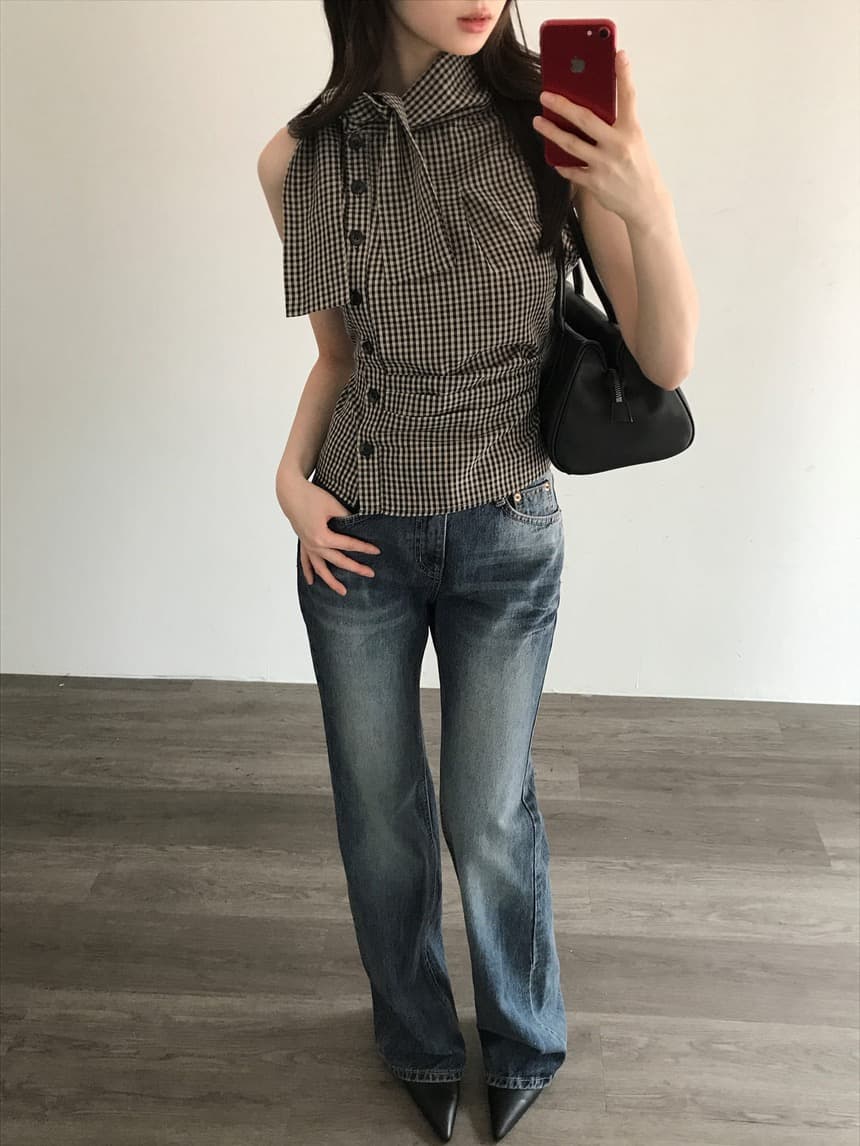 재고 있음 chic 한국 스타일 체크무늬 레이스업 민소매 조끼 상세 이미지 1
