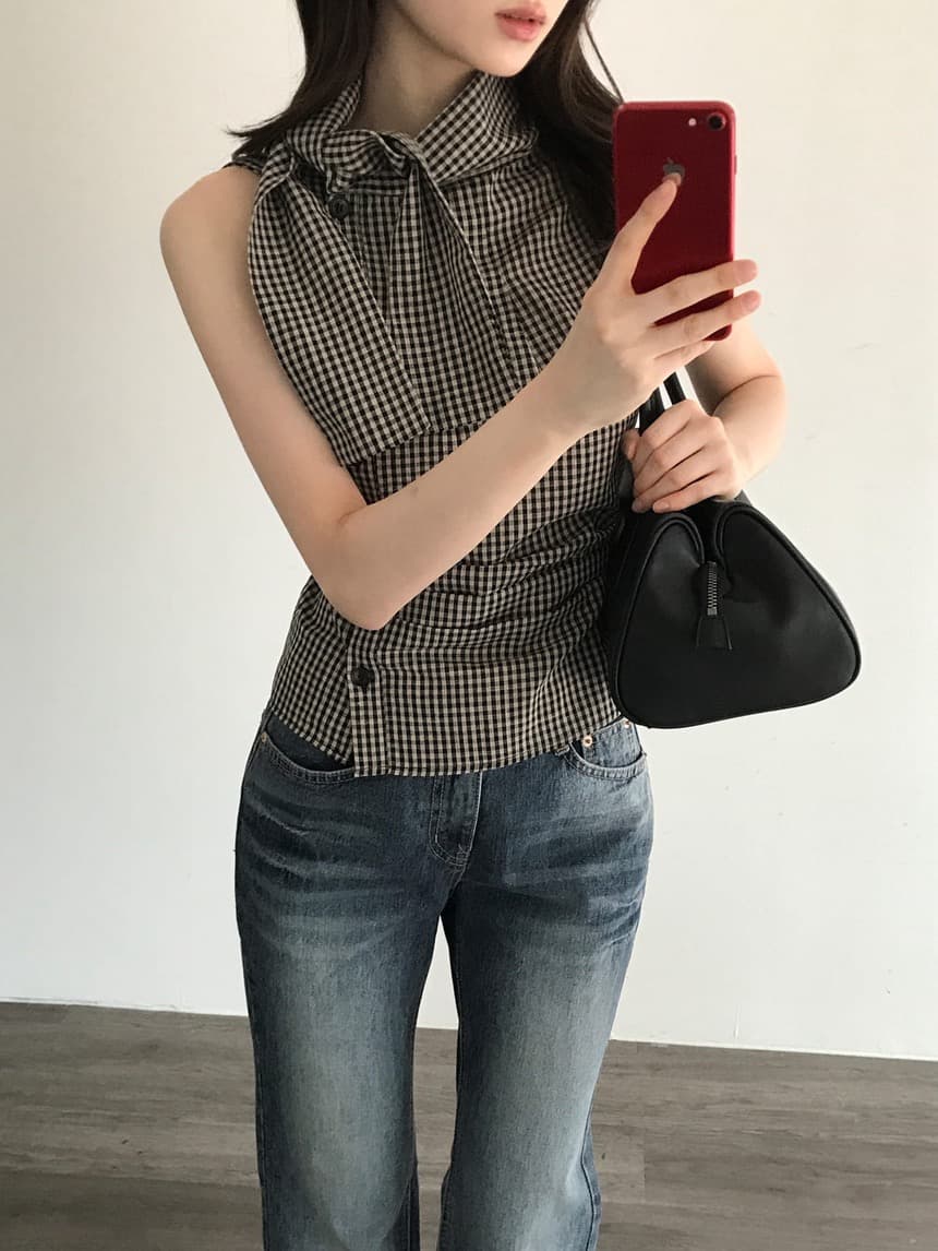 재고 있음 chic 한국 스타일 체크무늬 레이스업 민소매 조끼 상세 이미지 4