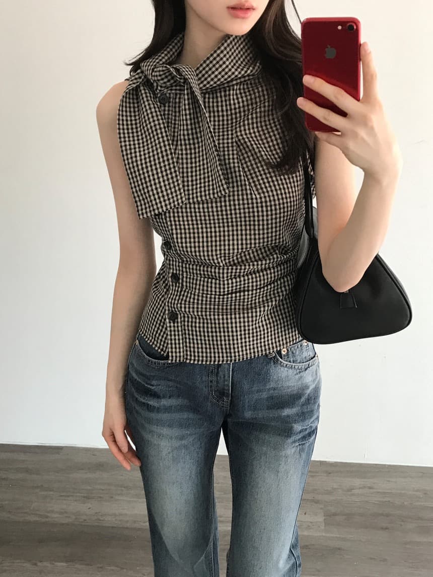 재고 있음 chic 한국 스타일 체크무늬 레이스업 민소매 조끼 상세 이미지 5