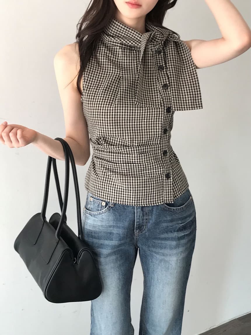 재고 있음 chic 한국 스타일 체크무늬 레이스업 민소매 조끼 상세 이미지 8