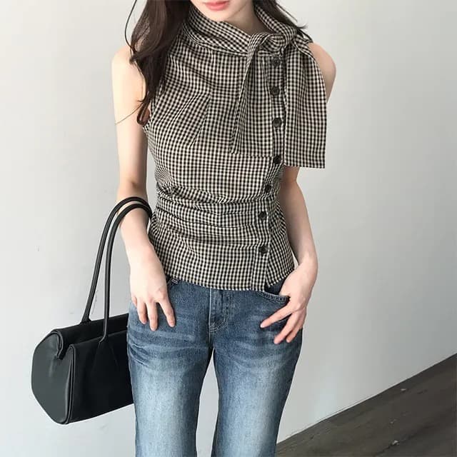 재고 있음 chic 한국 스타일 체크무늬 레이스업 민소매 조끼 상세 이미지 30