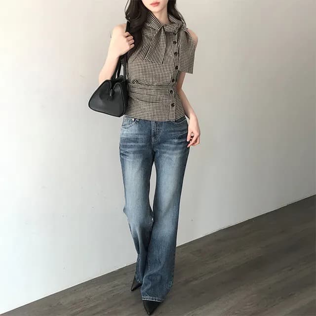 재고 있음 chic 한국 스타일 체크무늬 레이스업 민소매 조끼 상세 이미지 31