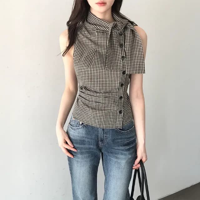 재고 있음 chic 한국 스타일 체크무늬 레이스업 민소매 조끼 상세 이미지 32