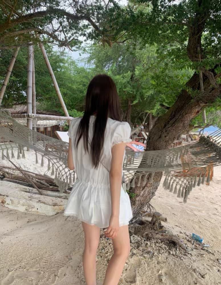 재고 있음 한국 동대문 새로운 한국 스타일 펌프 로프 허리 수축 거품 소매 여성 드레스 스택 착용 상세 이미지 5