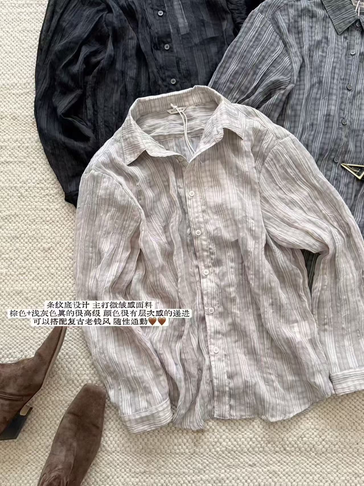 재고 있음 레트로 플리츠 마이크로 주름 마이크로 ~을 통해 스트라이프 긴팔 셔츠 상세 이미지 2