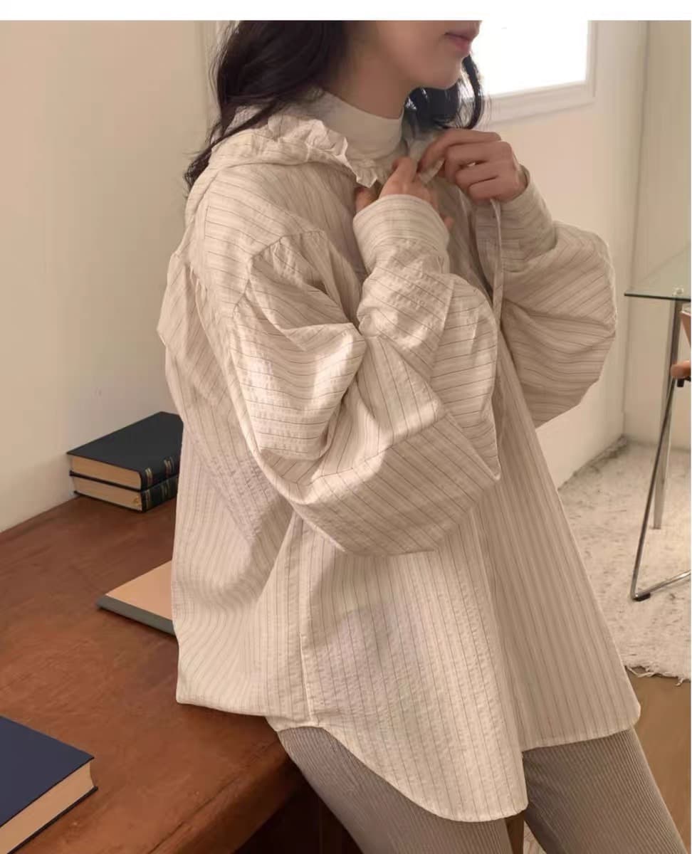 재고 있음 한국 구매 동대문 25 봄 후드 레이스 스트라이프 셔츠 상세 이미지 7