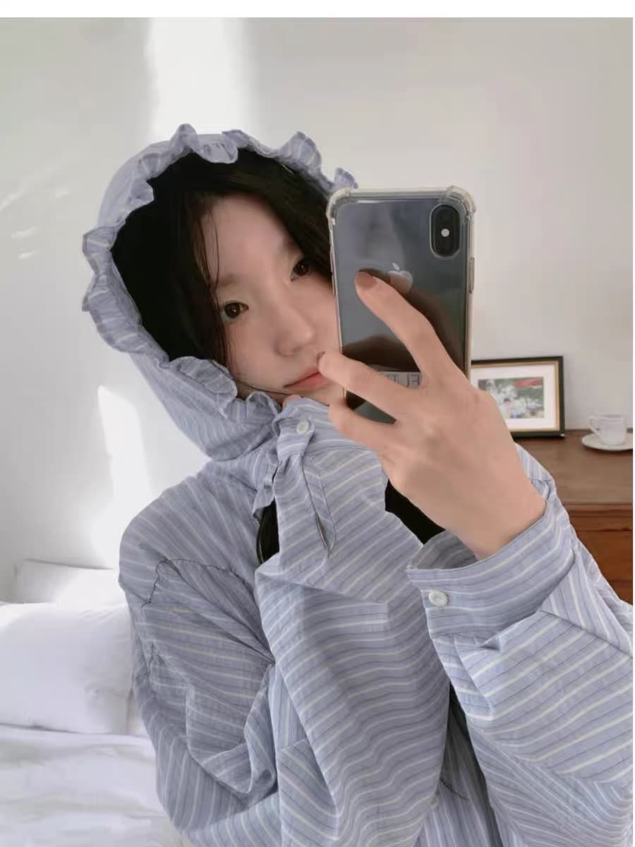 재고 있음 한국 구매 동대문 25 봄 후드 레이스 스트라이프 셔츠 상세 이미지 14