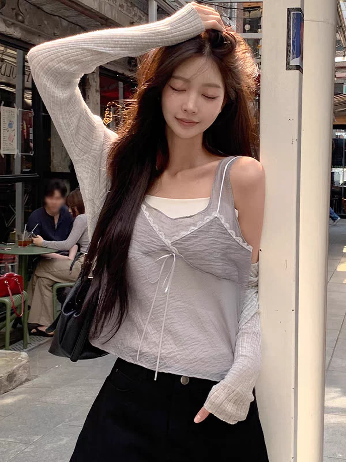 재고 있음 달콤함 한 부서 디자인 센스 페이크 레이어드 캐주얼 단색 캐미솔 이미지 3