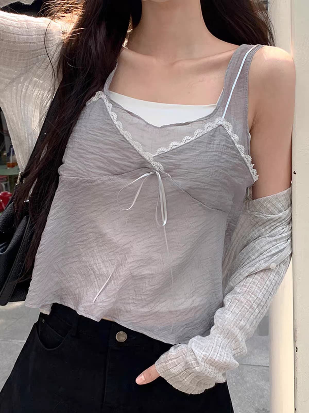 재고 있음 달콤함 한 부서 디자인 센스 페이크 레이어드 캐주얼 단색 캐미솔