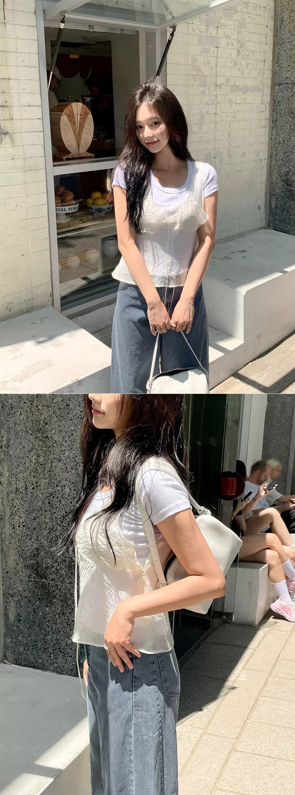 재고 있음 달콤함 한 부서 디자인 센스 페이크 레이어드 캐주얼 단색 캐미솔 상세 이미지 2