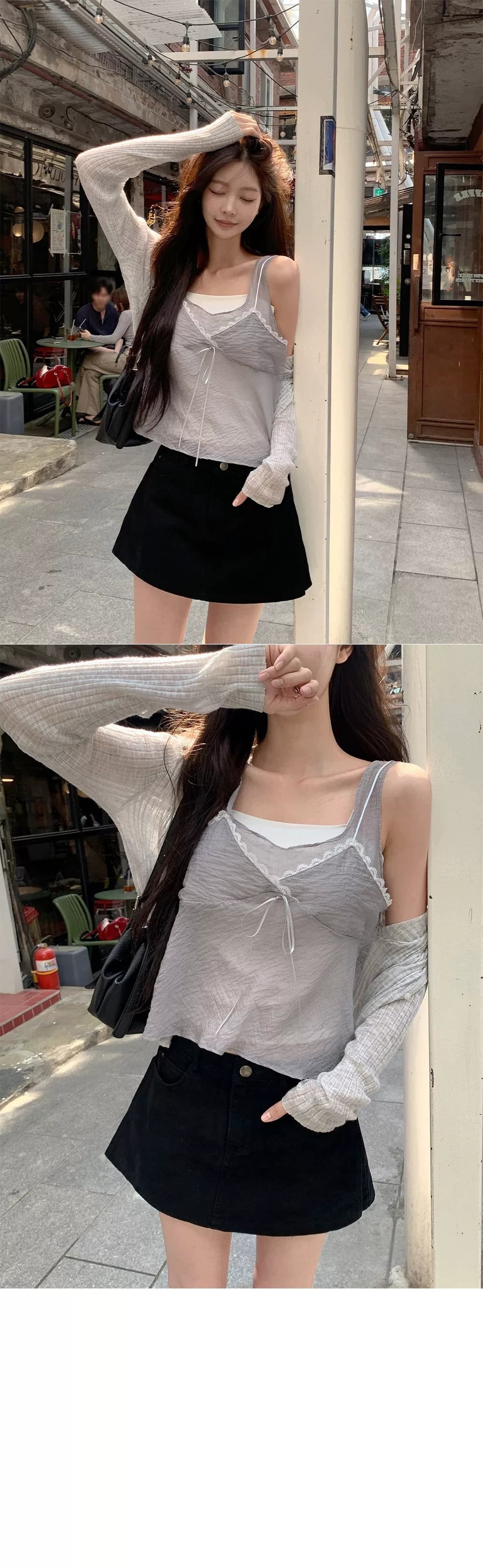 재고 있음 달콤함 한 부서 디자인 센스 페이크 레이어드 캐주얼 단색 캐미솔 상세 이미지 7