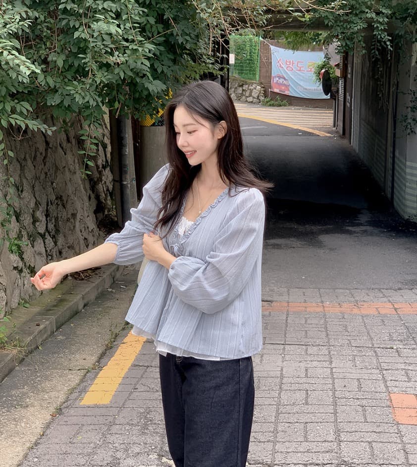 재고 있음 chic 한 부서 봄 달콤함 페이크 레이어드 긴팔 프릴 긴팔 스트라이프 셔츠 상세 이미지 16