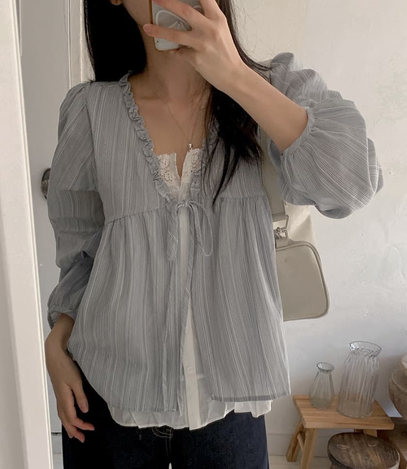 재고 있음 chic 한 부서 봄 달콤함 페이크 레이어드 긴팔 프릴 긴팔 스트라이프 셔츠 상세 이미지 25