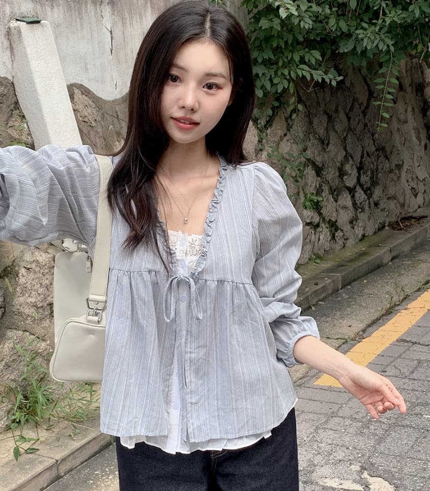 재고 있음 chic 한 부서 봄 달콤함 페이크 레이어드 긴팔 프릴 긴팔 스트라이프 셔츠 상세 이미지 27