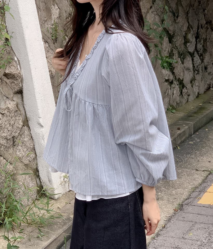 재고 있음 chic 한 부서 봄 달콤함 페이크 레이어드 긴팔 프릴 긴팔 스트라이프 셔츠 상세 이미지 35