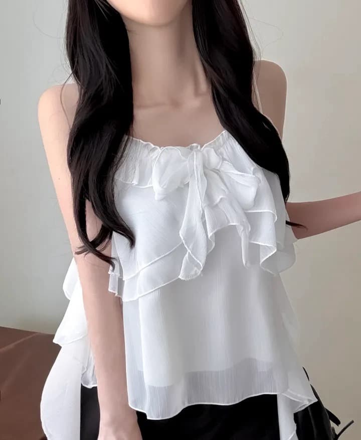 한국 스타일 chic 레이스 불규칙 슬립 수준 쉬폰 블라우스 맨위 조끼 단색 프릴 캐미솔 상세 이미지 4