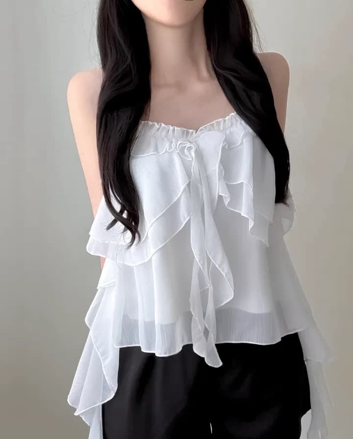한국 스타일 chic 레이스 불규칙 슬립 수준 쉬폰 블라우스 맨위 조끼 단색 프릴 캐미솔 상세 이미지 7
