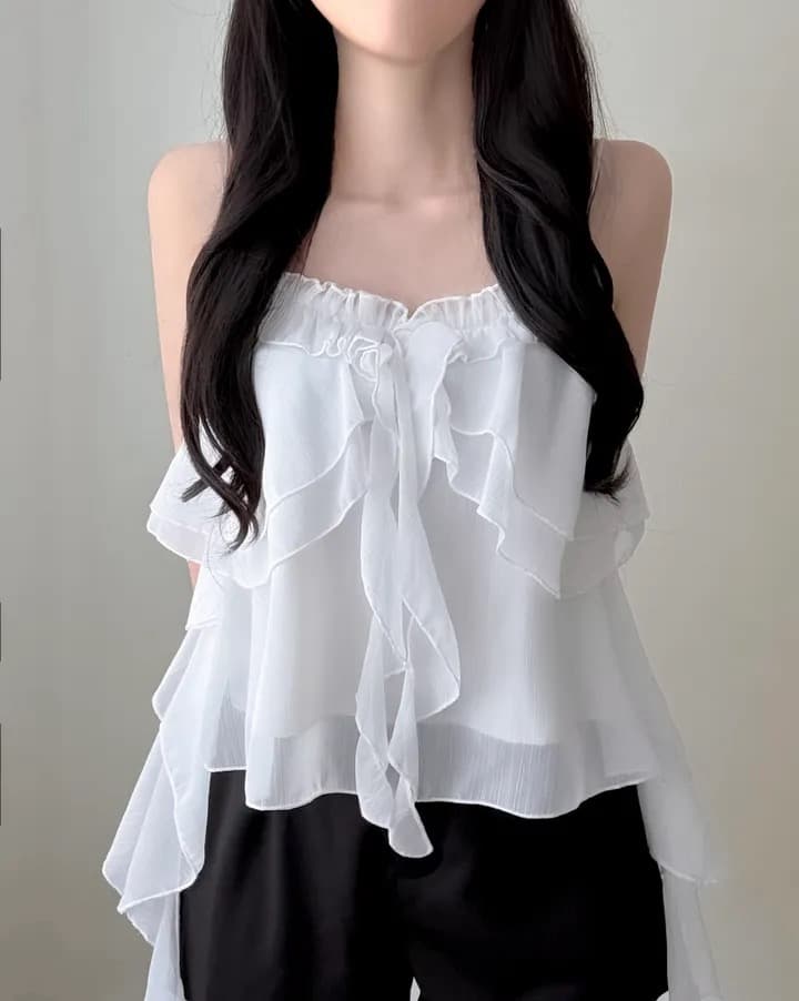 한국 스타일 chic 레이스 불규칙 슬립 수준 쉬폰 블라우스 맨위 조끼 단색 프릴 캐미솔 상세 이미지 8