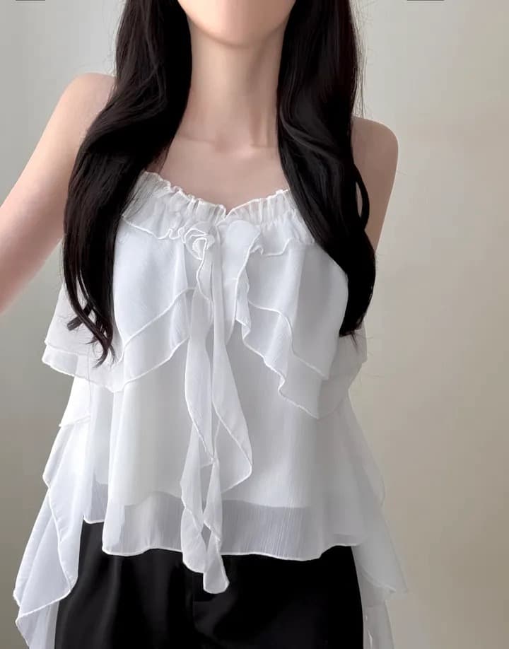 한국 스타일 chic 레이스 불규칙 슬립 수준 쉬폰 블라우스 맨위 조끼 단색 프릴 캐미솔 상세 이미지 9