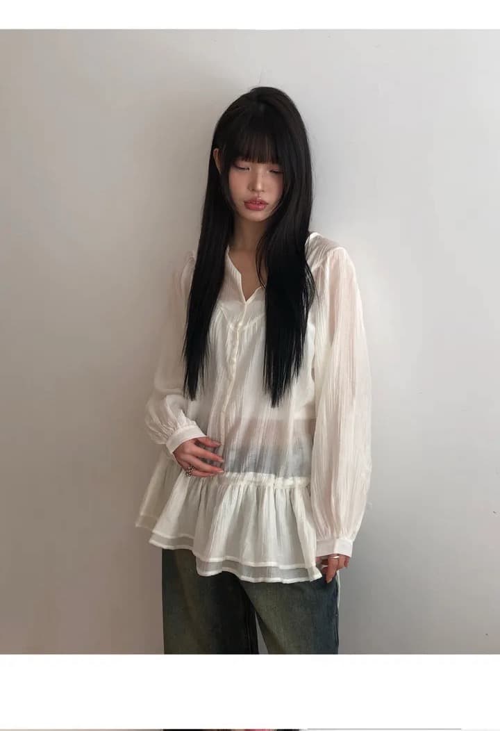 재고 있음 봄 새로운 펌프 로프 허리 수축 이중층 프릴 셔츠