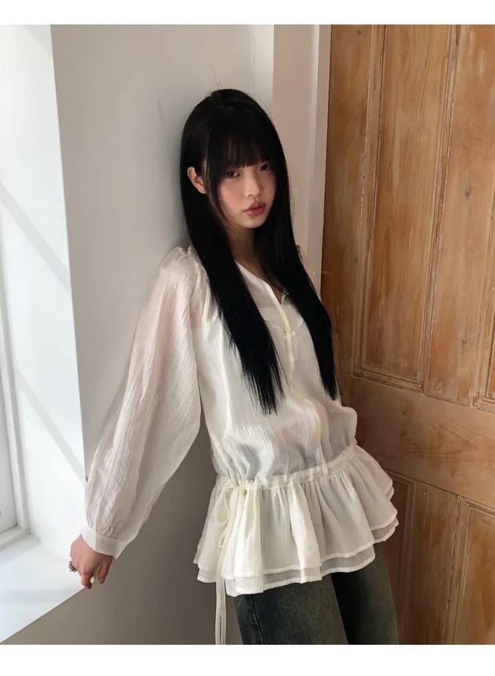 재고 있음 봄 새로운 펌프 로프 허리 수축 이중층 프릴 셔츠 상세 이미지 8