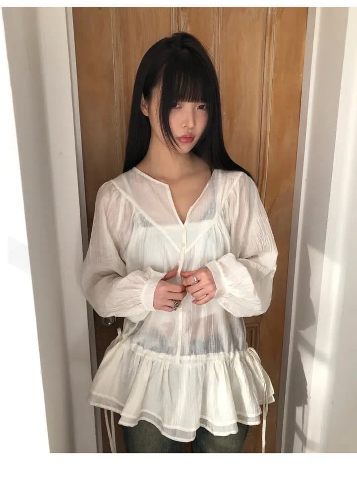 재고 있음 봄 새로운 펌프 로프 허리 수축 이중층 프릴 셔츠 상세 이미지 9