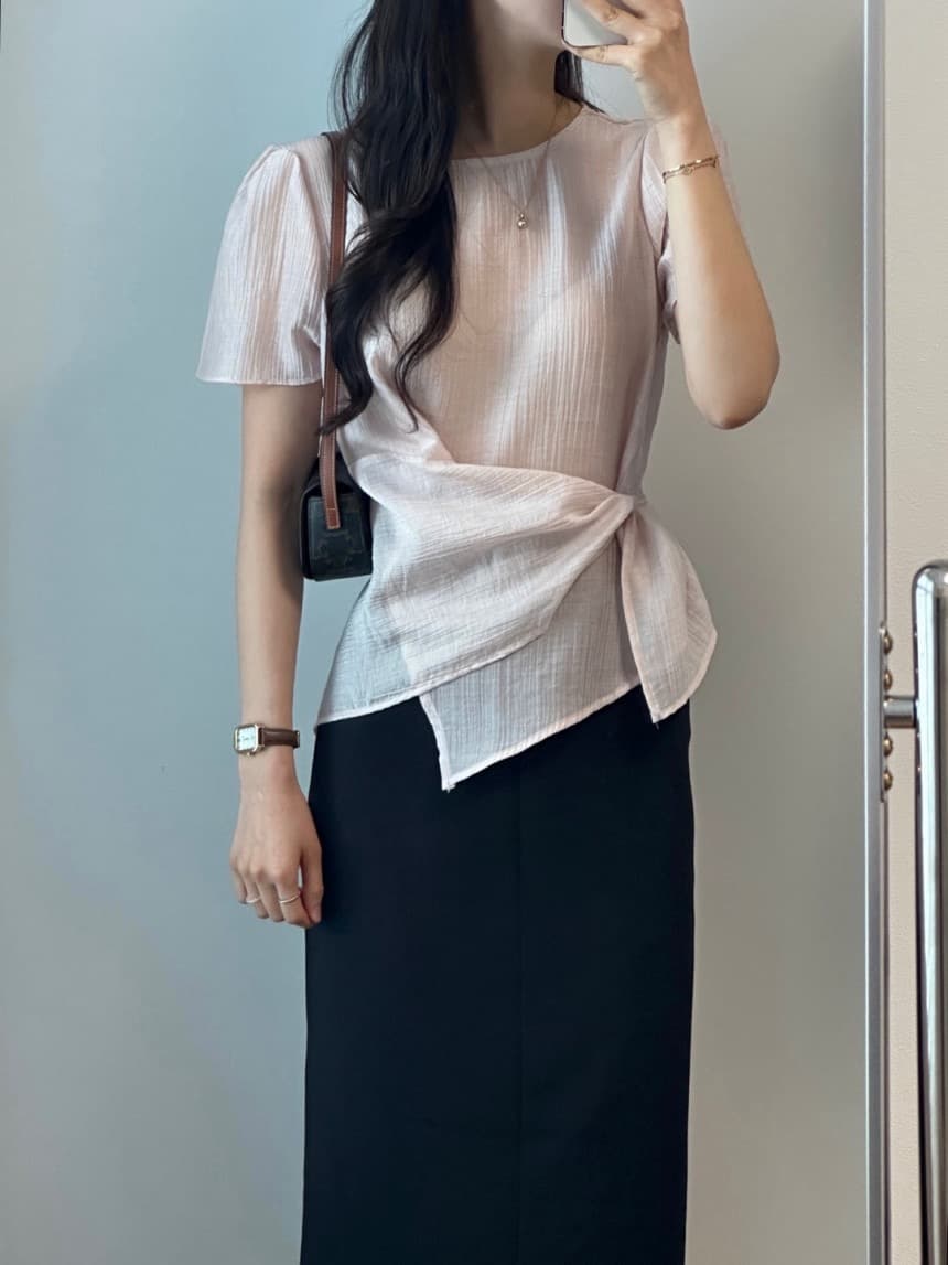 재고 있음 chic 한국 스타일 라운드 넥 불규칙 반팔 셔츠 이미지 2