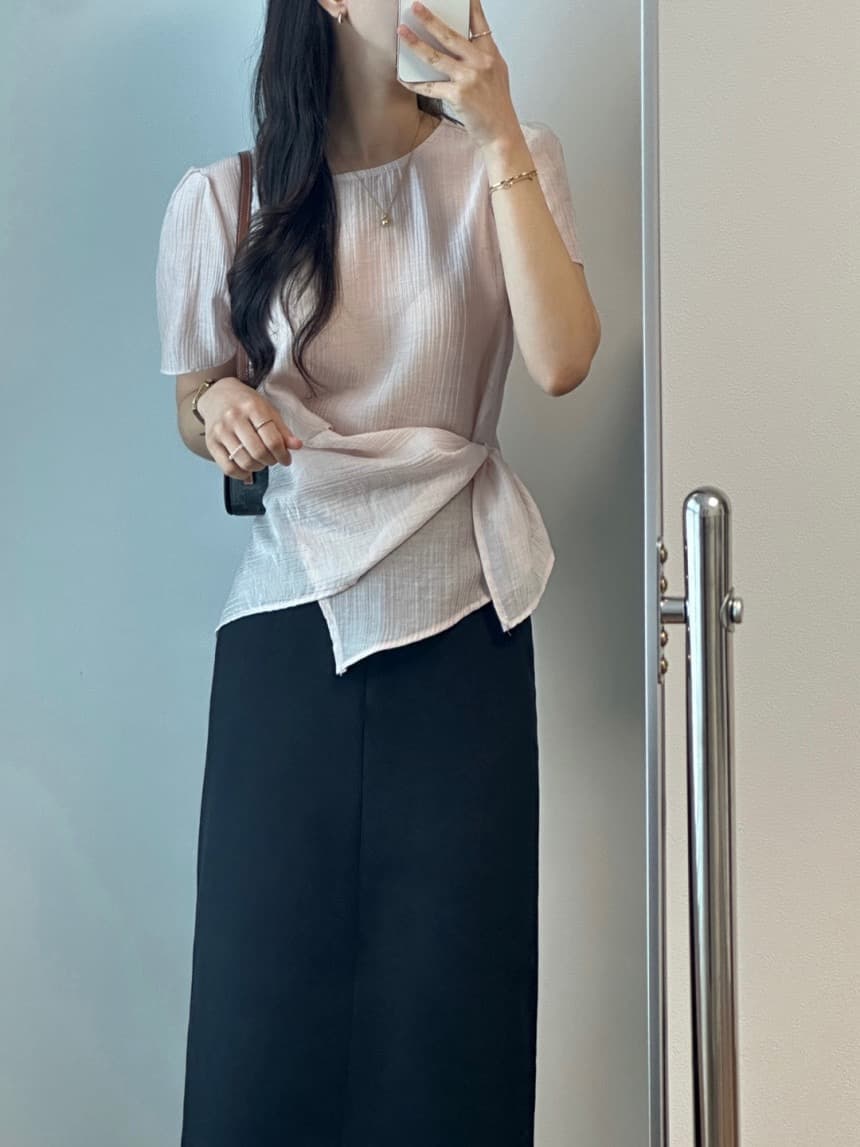 재고 있음 chic 한국 스타일 라운드 넥 불규칙 반팔 셔츠 상세 이미지 6
