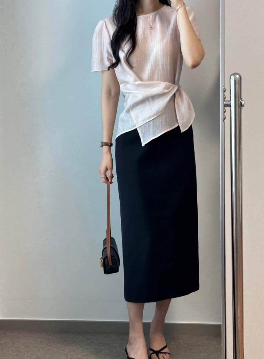재고 있음 chic 한국 스타일 라운드 넥 불규칙 반팔 셔츠 상세 이미지 8