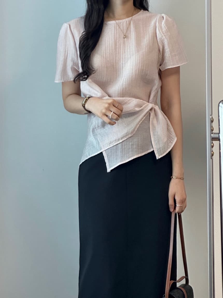 재고 있음 chic 한국 스타일 라운드 넥 불규칙 반팔 셔츠 상세 이미지 10