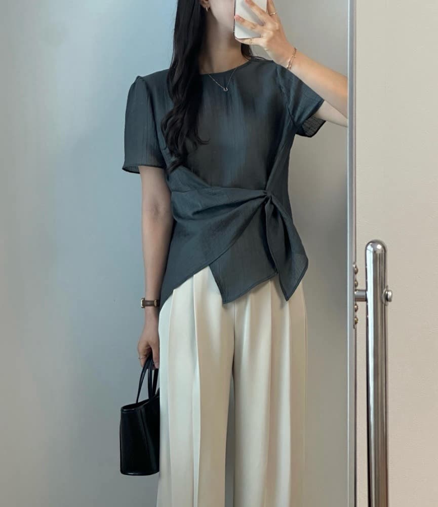 재고 있음 chic 한국 스타일 라운드 넥 불규칙 반팔 셔츠 상세 이미지 14
