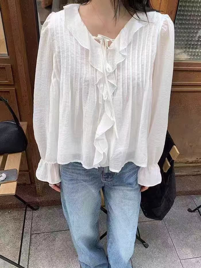 재고 있음 2026 년 여름 새로운 프랑스식 프릴 V넥 레이스업 나팔 소매 여성 셔츠 상세 이미지 10