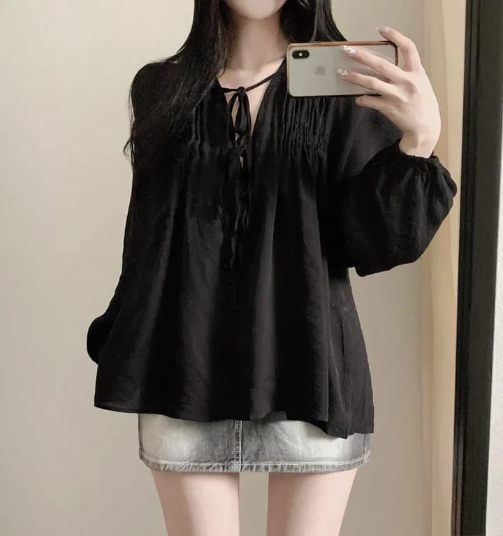재고 있음 chic 패션 루즈핏 레이스업 긴팔 셔츠 상세 이미지 1