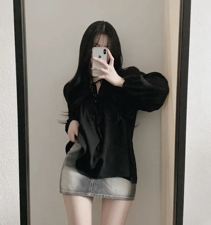 재고 있음 chic 패션 루즈핏 레이스업 긴팔 셔츠 상세 이미지 2