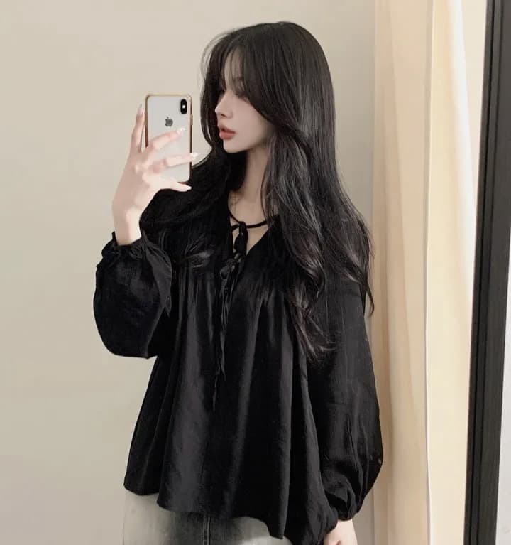 재고 있음 chic 패션 루즈핏 레이스업 긴팔 셔츠 상세 이미지 3