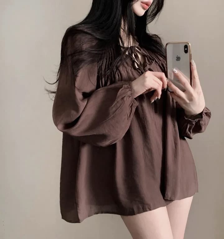 재고 있음 chic 패션 루즈핏 레이스업 긴팔 셔츠 상세 이미지 11