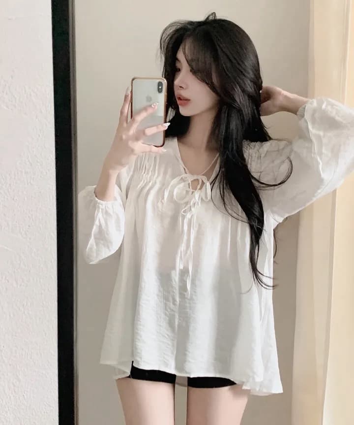 재고 있음 chic 패션 루즈핏 레이스업 긴팔 셔츠 상세 이미지 22