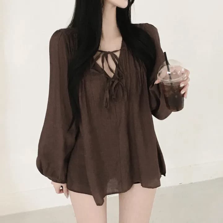 재고 있음 chic 패션 루즈핏 레이스업 긴팔 셔츠 상세 이미지 28