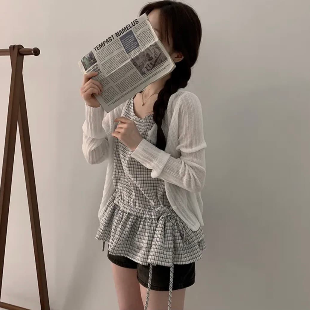 재고 있음 한국 chic 프릴 펌프 로프 스트랩 작은 체크무늬 캐미솔 상세 이미지 16
