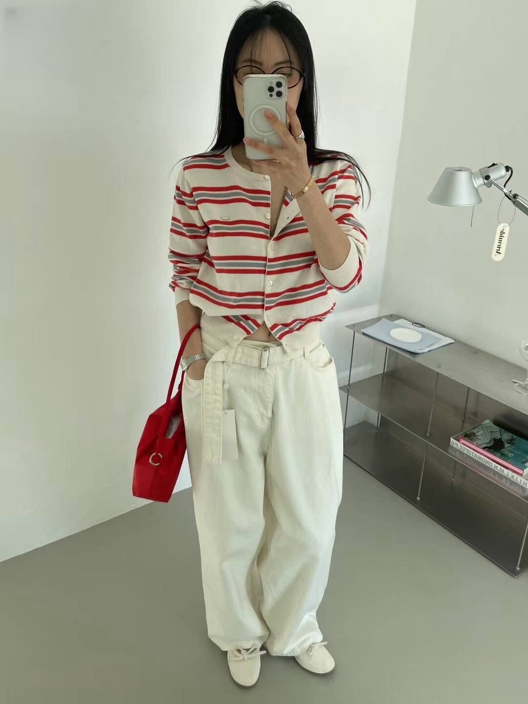 재고 있음 chic 한국 새로운 배색 스트라이프 라운드 넥 부서 버클 부드러운 니트 오픈 가디건 상세 이미지 5