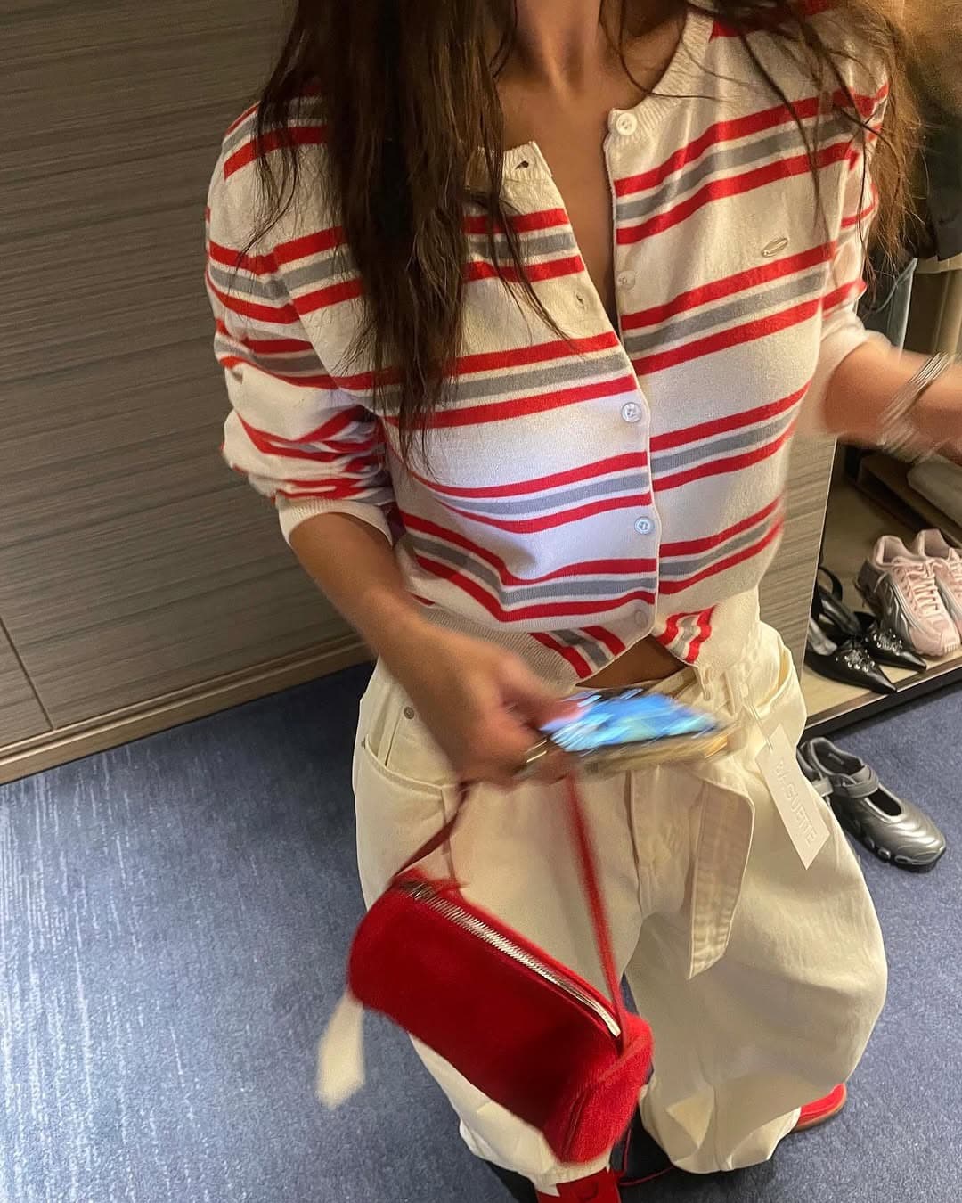재고 있음 chic 한국 새로운 배색 스트라이프 라운드 넥 부서 버클 부드러운 니트 오픈 가디건 상세 이미지 12
