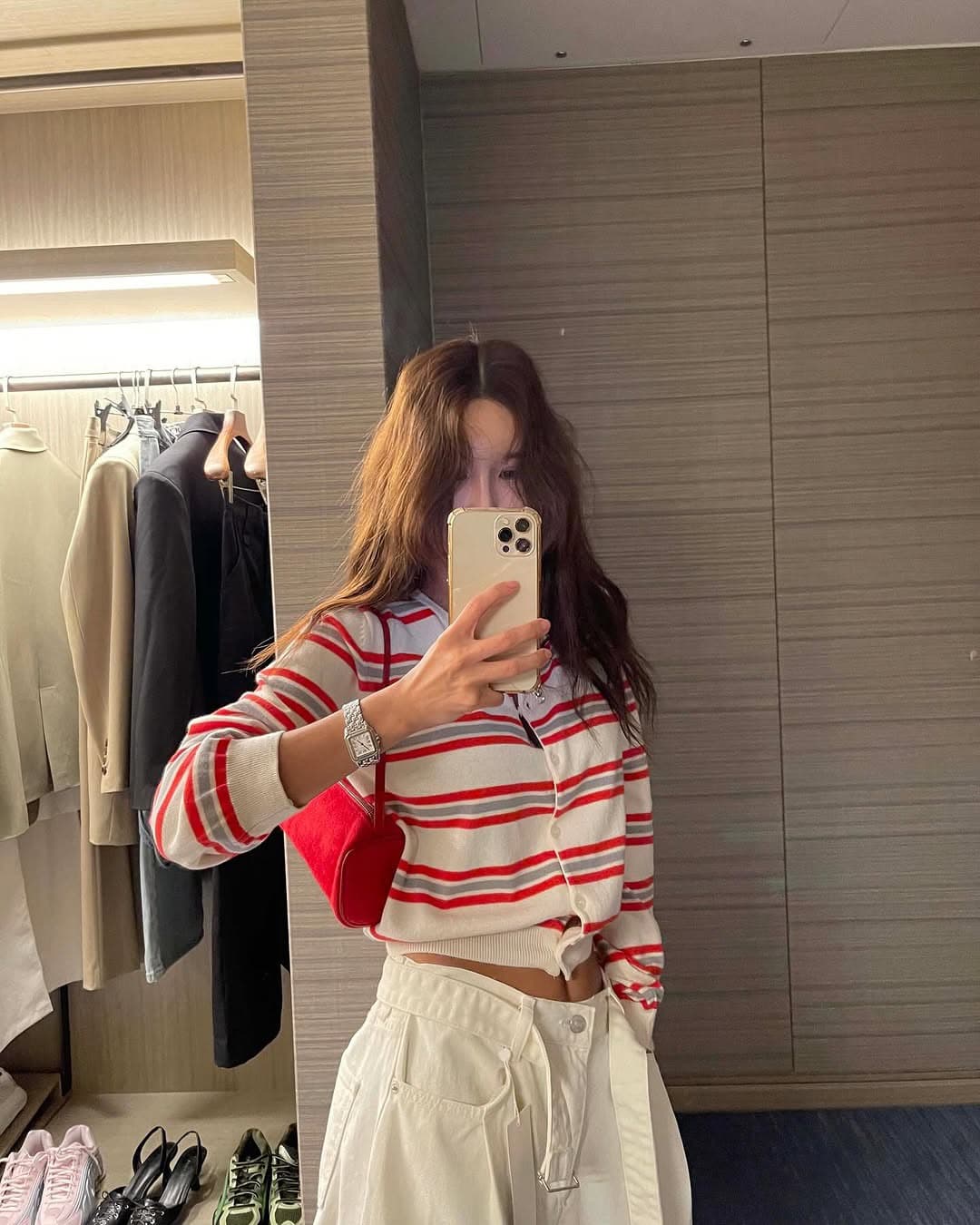 재고 있음 chic 한국 새로운 배색 스트라이프 라운드 넥 부서 버클 부드러운 니트 오픈 가디건 상세 이미지 15
